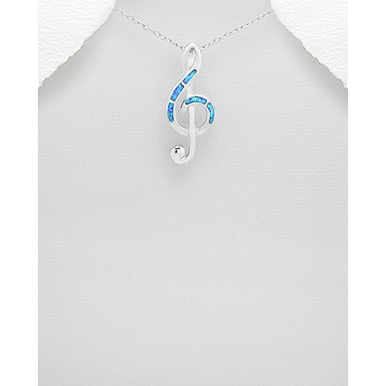 Pendentif de notes de musique en argent 925 orné d'une opale créée en laboratoire