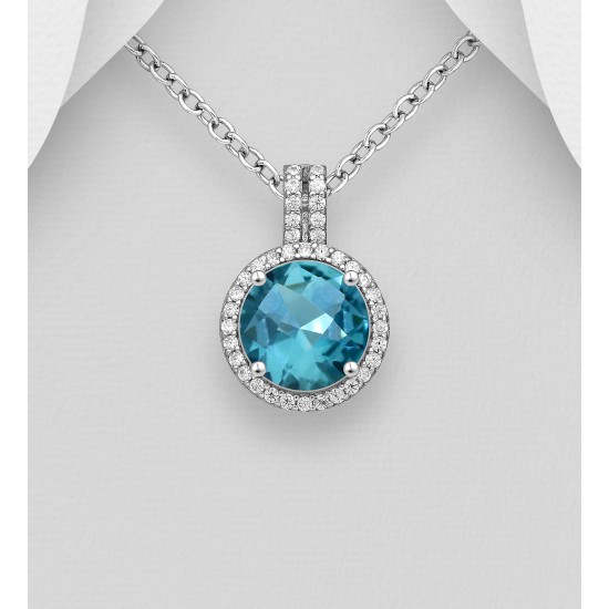 Pendentif halo argent 925 orné de diamants simulés CZ Bleu ciel