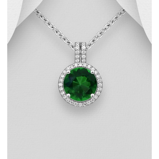 Pendentif halo argent 925 orné de diamants simulés CZ Vert