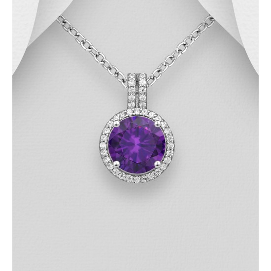 Pendentif halo argent 925 orné de diamants simulés CZ Violet