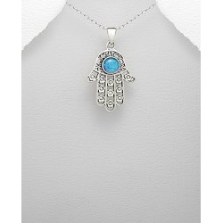 Pendentif Hamsa en argent 925 orné d'une opale de synthèse