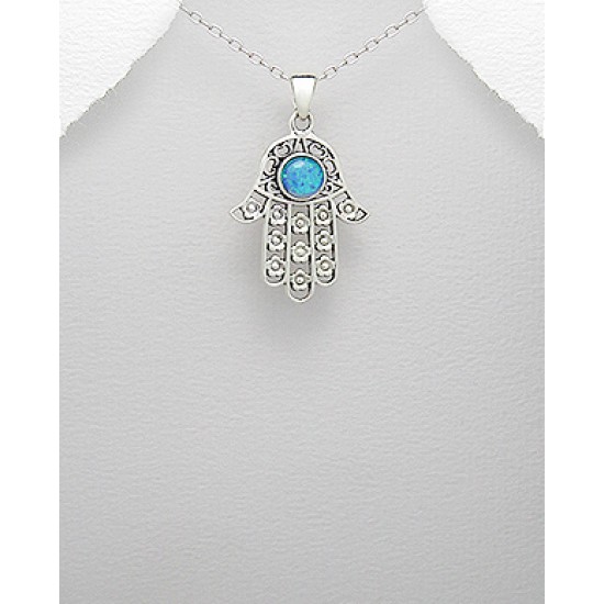 Pendentif Hamsa en argent 925 orné d'une opale de synthèse